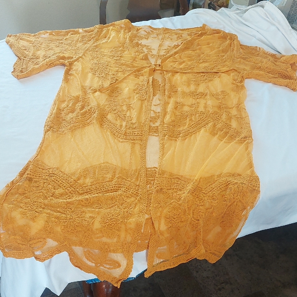 Kimono Sheer Lace Cover-Up in Mustard.